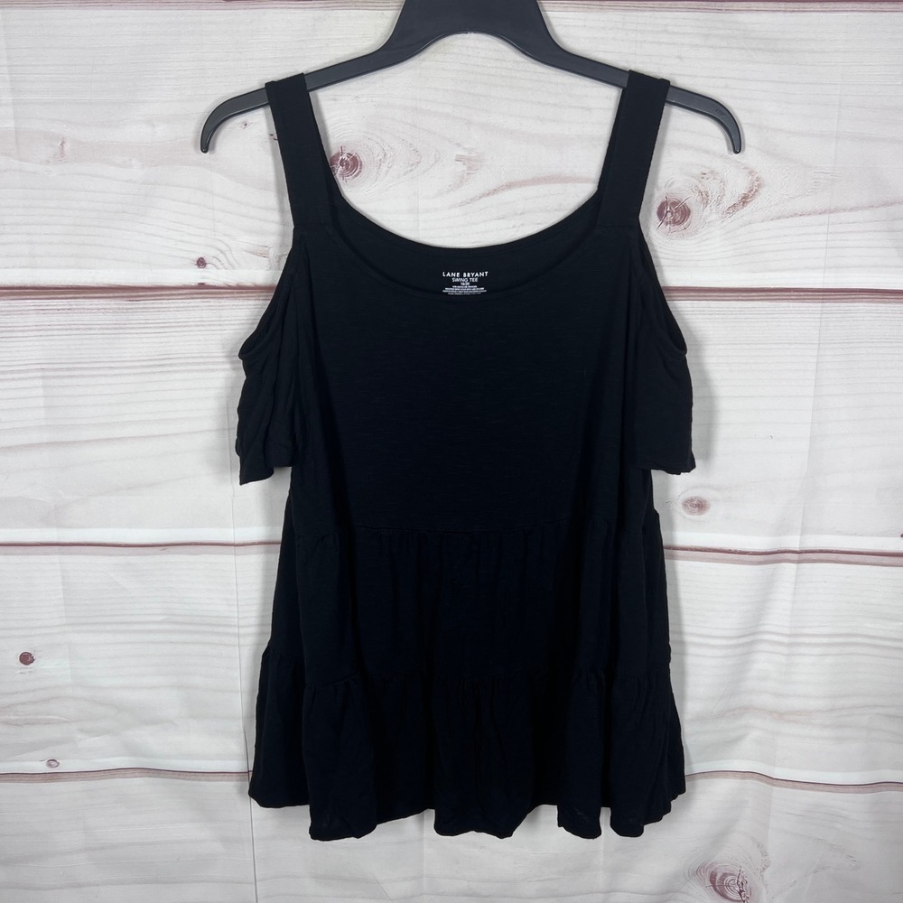 Lane Bryant Swing Tee Top Women 18 20 Black Cold Shoulder Tiered Peplum Solid